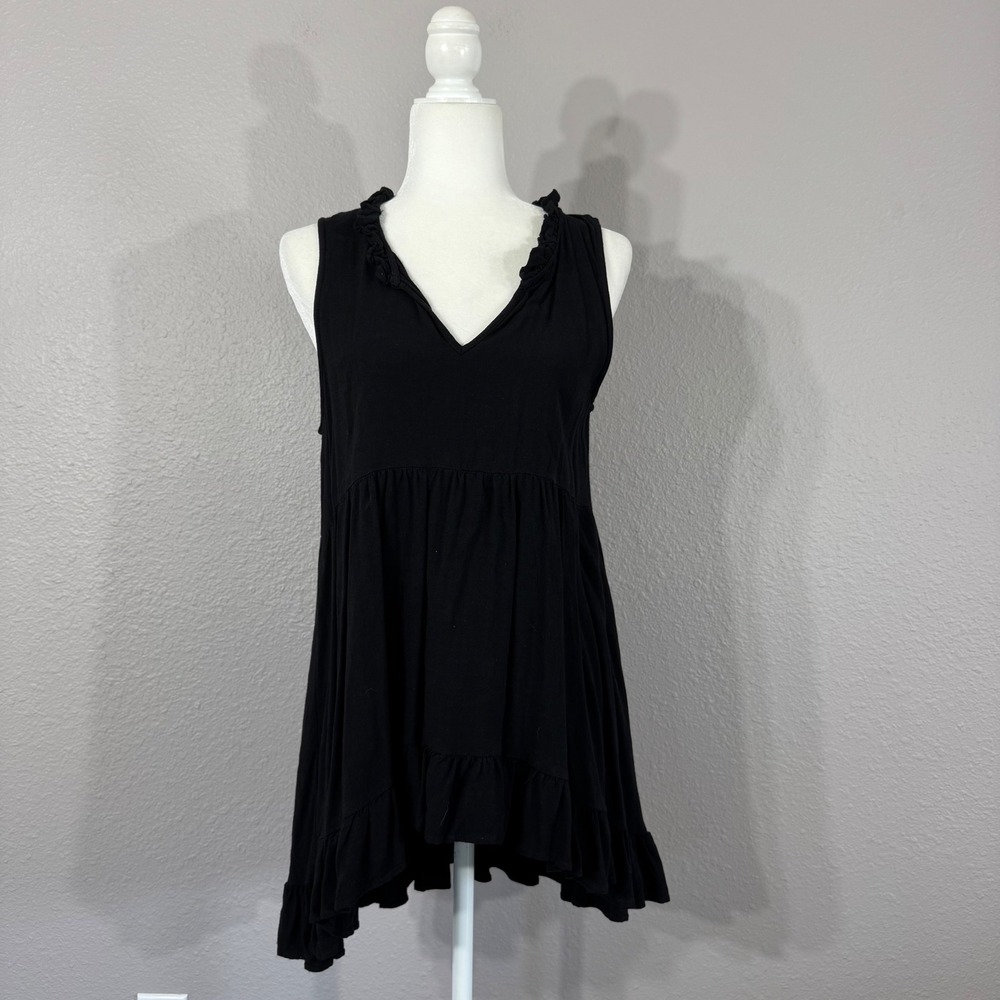 Umgee Women's Size S Black Ruffle V-Neck Sleeveless Linen Blend Tunic